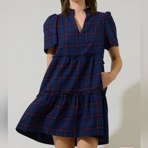Sugarlips Holbrook Plaid Amelia Tiered Babydoll Short Sleeve Navy Dress. Sz XL.
